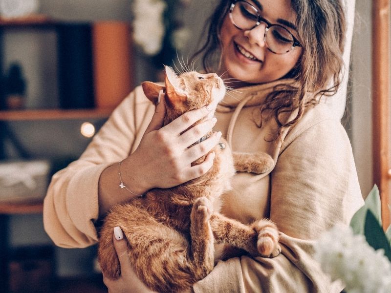 Woman holding an orange cat.